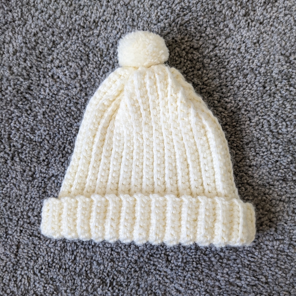 Handmade knit white newborn beanie hat